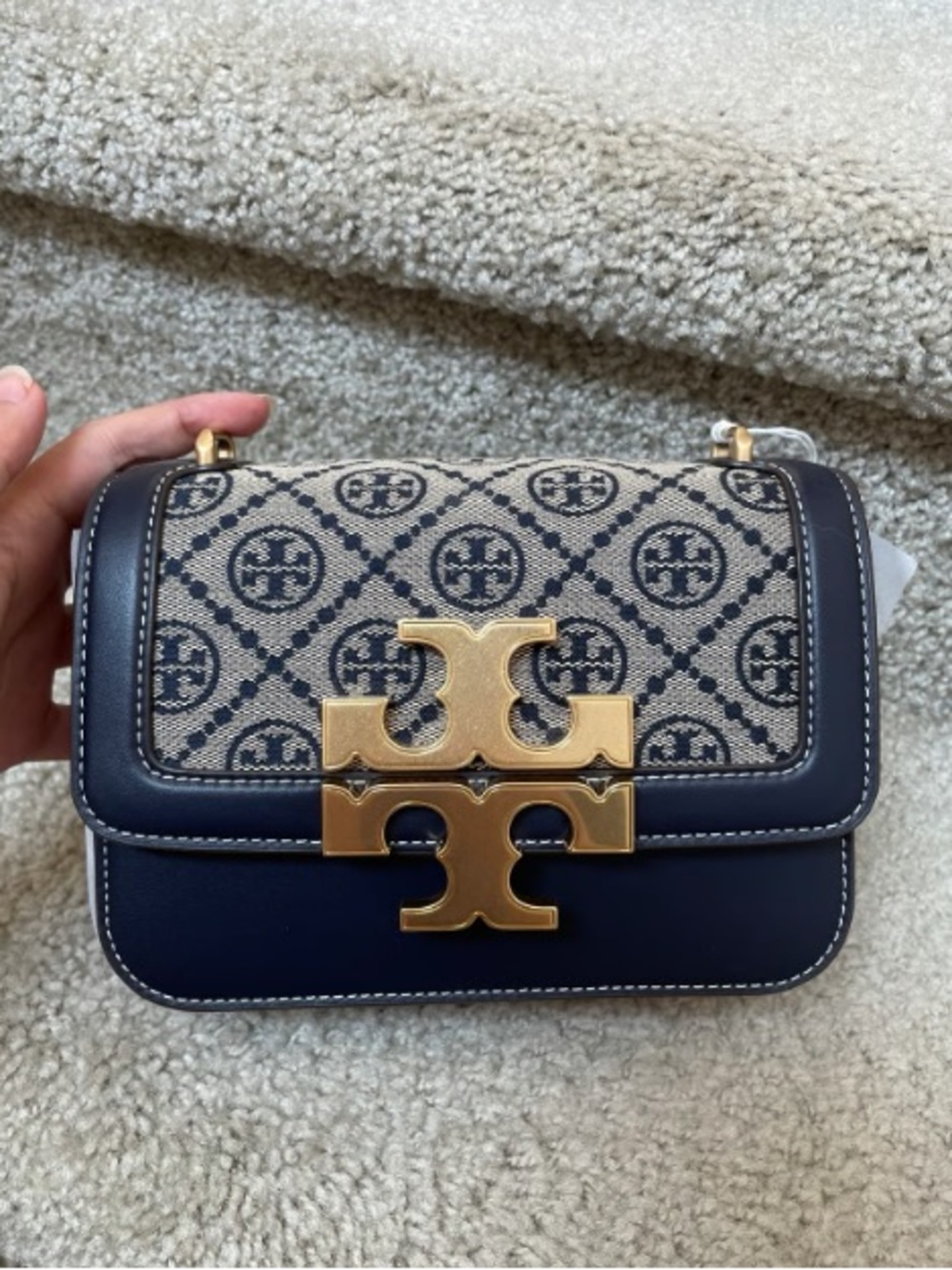 Tory Burch Navy Leather & Beige Canvas Logo Crossbody with Gold Hardware